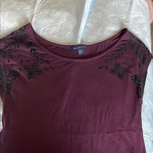 American Eagle Women's Purple Top with Black Floral Accents